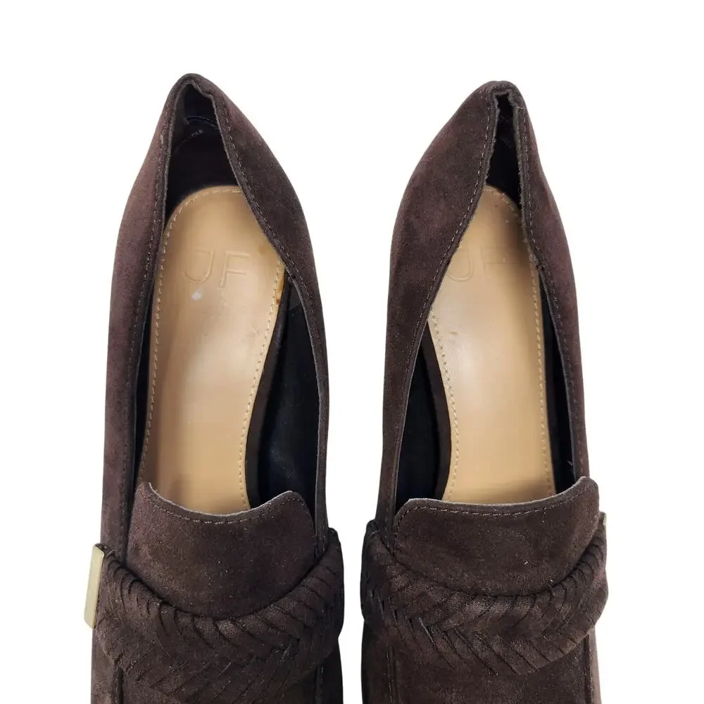 Just Fab JF Brown Suede Adele Braided Slip On Heeled Loafers Pump Sandals Size 7